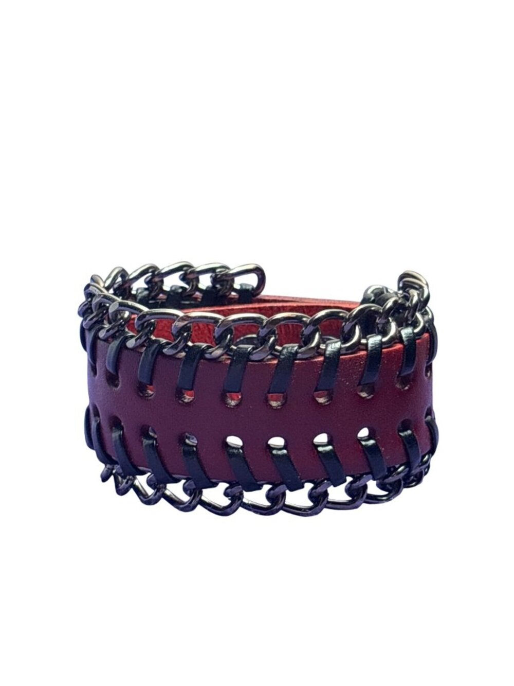 Faux Leather Red Snap Bracelet Black Threading Gunmetal Chain 6 - 7.5 inches